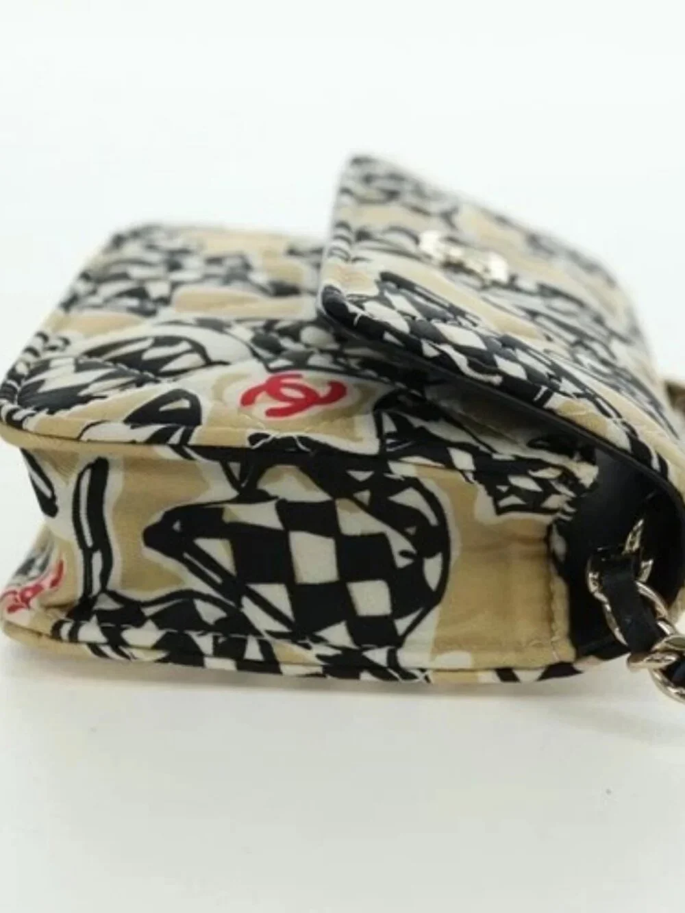 CHANEL Matelasse Checker Flag Chain Pouch Cotton Beige CC Auth YKZ1020SAM